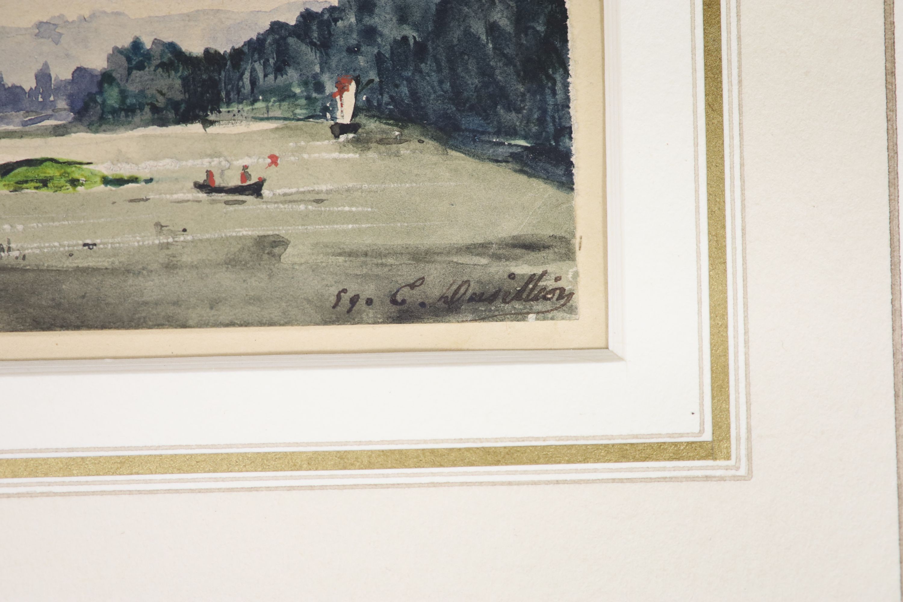 E. Dusillion (French Architect), watercolour, River landscape, signed and dated 1859, 8 x 15cm, unframed